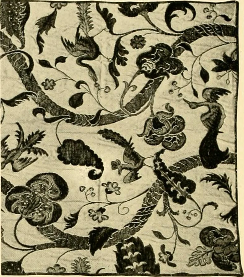 An illustration from Decorative textiles; an illustrated book on coverings for furniture, walls and floors, including damasks, brocades and velvets, tapestries, laces, embroideries, chintzes, cretones, drapery and furniture trimmings, wall papers, carpets and rugs, tooled and illuminated leathers, 1918, leaf 151