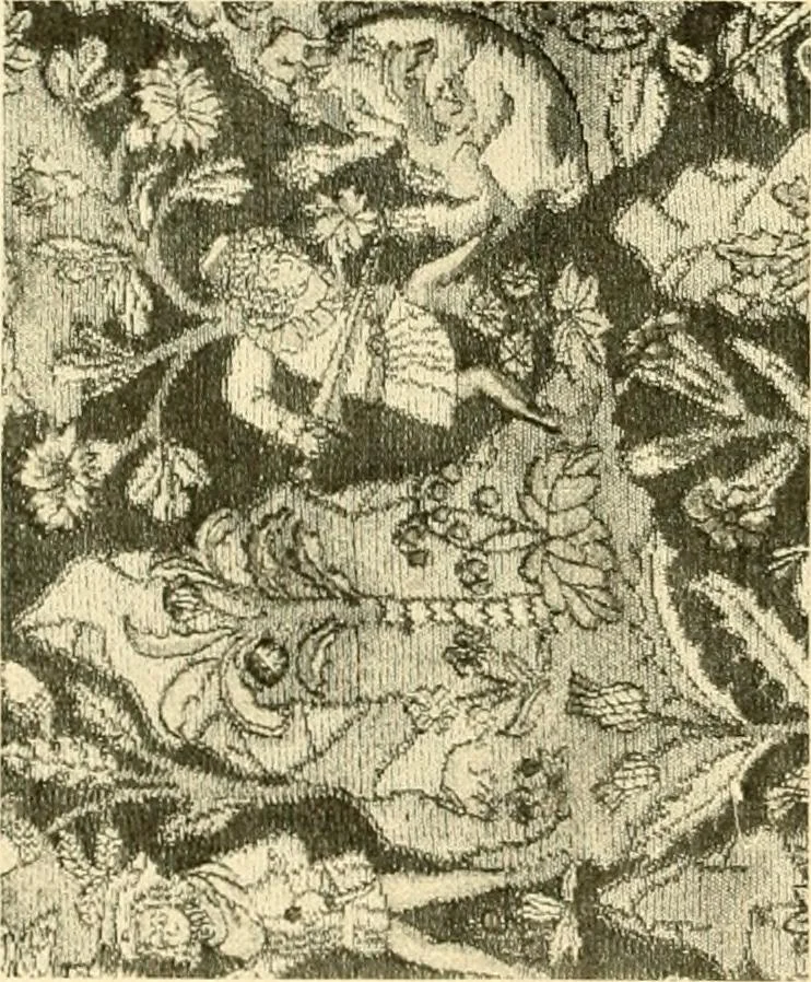 An illustration from Decorative textiles; an illustrated book on coverings for furniture, walls and floors, including damasks, brocades and velvets, tapestries, laces, embroideries, chintzes, cretones, drapery and furniture trimmings, wall papers, carpets and rugs, tooled and illuminated leathers, 1918, leaf 151