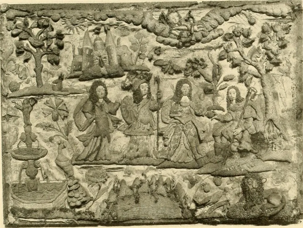An illustration from Decorative textiles; an illustrated book on coverings for furniture, walls and floors, including damasks, brocades and velvets, tapestries, laces, embroideries, chintzes, cretones, drapery and furniture trimmings, wall papers, carpets and rugs, tooled and illuminated leathers, 1918, leaf 154