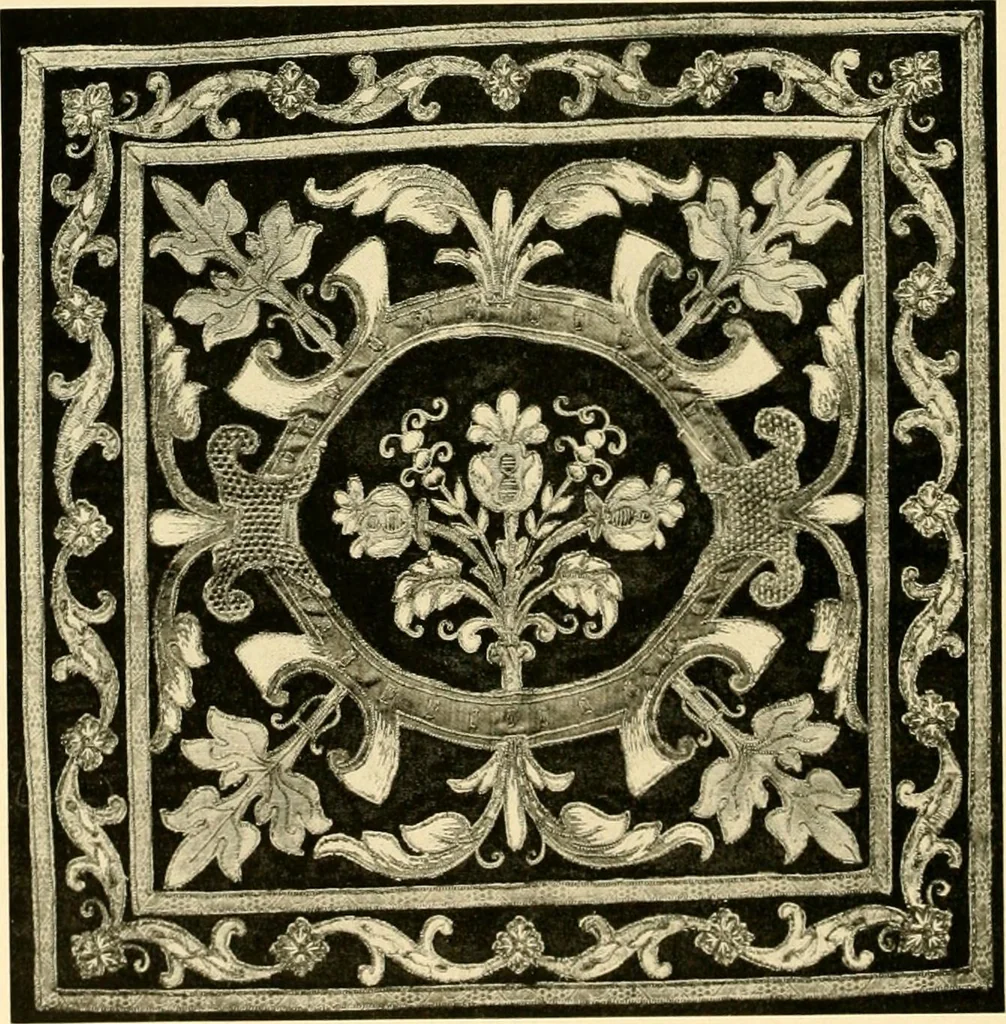 An illustration from Decorative textiles; an illustrated book on coverings for furniture, walls and floors, including damasks, brocades and velvets, tapestries, laces, embroideries, chintzes, cretones, drapery and furniture trimmings, wall papers, carpets and rugs, tooled and illuminated leathers, 1918, leaf 157