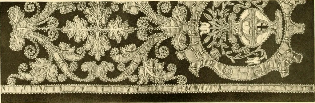 An illustration from Decorative textiles; an illustrated book on coverings for furniture, walls and floors, including damasks, brocades and velvets, tapestries, laces, embroideries, chintzes, cretones, drapery and furniture trimmings, wall papers, carpets and rugs, tooled and illuminated leathers, 1918, leaf 159