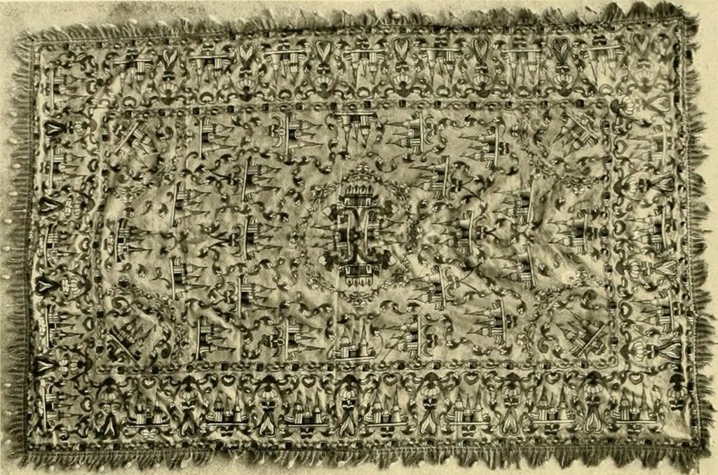 An illustration from Decorative textiles; an illustrated book on coverings for furniture, walls and floors, including damasks, brocades and velvets, tapestries, laces, embroideries, chintzes, cretones, drapery and furniture trimmings, wall papers, carpets and rugs, tooled and illuminated leathers, 1918, leaf 165