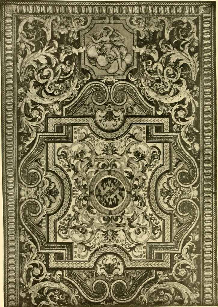 An illustration from Decorative textiles; an illustrated book on coverings for furniture, walls and floors, including damasks, brocades and velvets, tapestries, laces, embroideries, chintzes, cretones, drapery and furniture trimmings, wall papers, carpets and rugs, tooled and illuminated leathers, 1918, leaf 171