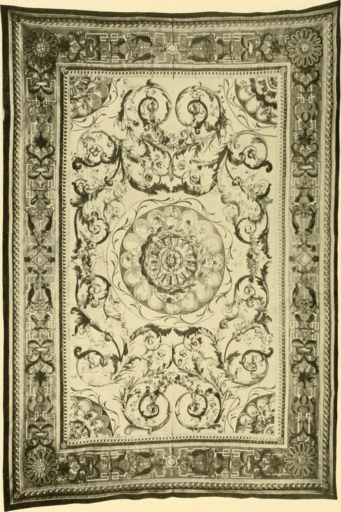 An illustration from Decorative textiles; an illustrated book on coverings for furniture, walls and floors, including damasks, brocades and velvets, tapestries, laces, embroideries, chintzes, cretones, drapery and furniture trimmings, wall papers, carpets and rugs, tooled and illuminated leathers, 1918, leaf 179