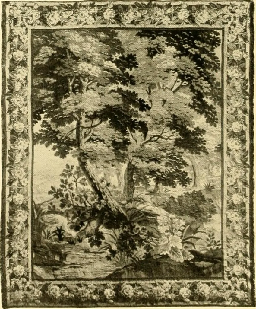 An illustration from Decorative textiles; an illustrated book on coverings for furniture, walls and floors, including damasks, brocades and velvets, tapestries, laces, embroideries, chintzes, cretones, drapery and furniture trimmings, wall papers, carpets and rugs, tooled and illuminated leathers, 1918, leaf 263