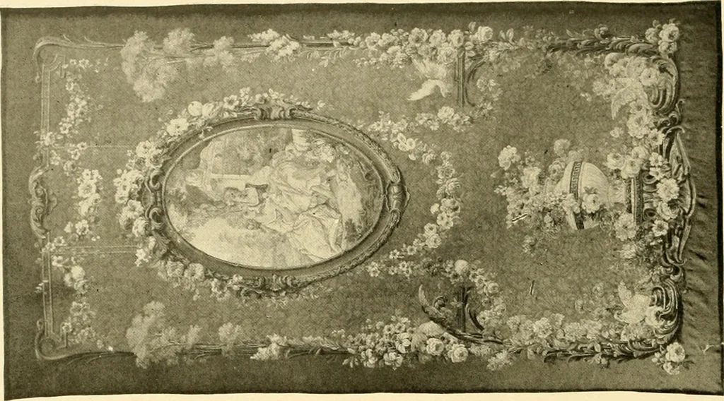 An illustration from Decorative textiles; an illustrated book on coverings for furniture, walls and floors, including damasks, brocades and velvets, tapestries, laces, embroideries, chintzes, cretones, drapery and furniture trimmings, wall papers, carpets and rugs, tooled and illuminated leathers, 1918, leaf 269