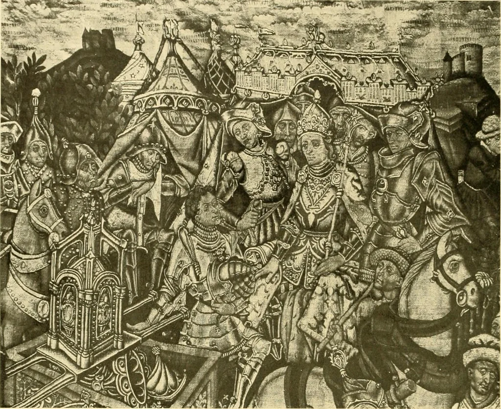 An illustration from Decorative textiles; an illustrated book on coverings for furniture, walls and floors, including damasks, brocades and velvets, tapestries, laces, embroideries, chintzes, cretones, drapery and furniture trimmings, wall papers, carpets and rugs, tooled and illuminated leathers, 1918, leaf 279