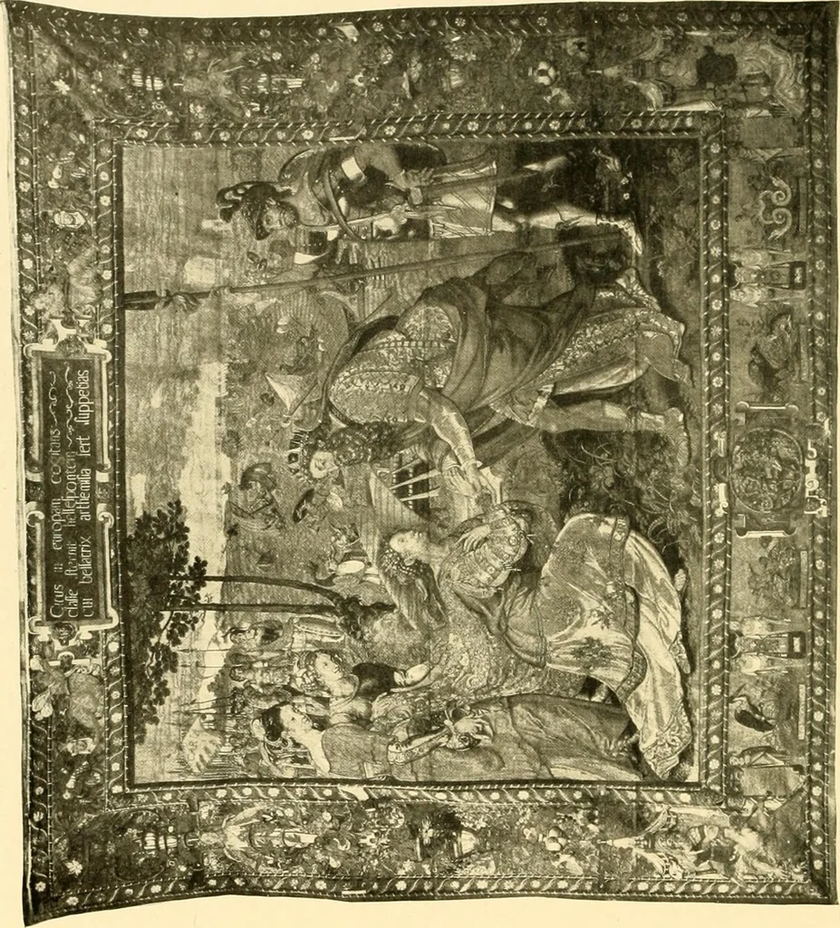 An illustration from Decorative textiles; an illustrated book on coverings for furniture, walls and floors, including damasks, brocades and velvets, tapestries, laces, embroideries, chintzes, cretones, drapery and furniture trimmings, wall papers, carpets and rugs, tooled and illuminated leathers, 1918, leaf 303