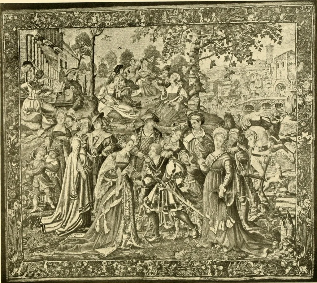 An illustration from Decorative textiles; an illustrated book on coverings for furniture, walls and floors, including damasks, brocades and velvets, tapestries, laces, embroideries, chintzes, cretones, drapery and furniture trimmings, wall papers, carpets and rugs, tooled and illuminated leathers, 1918, leaf 305