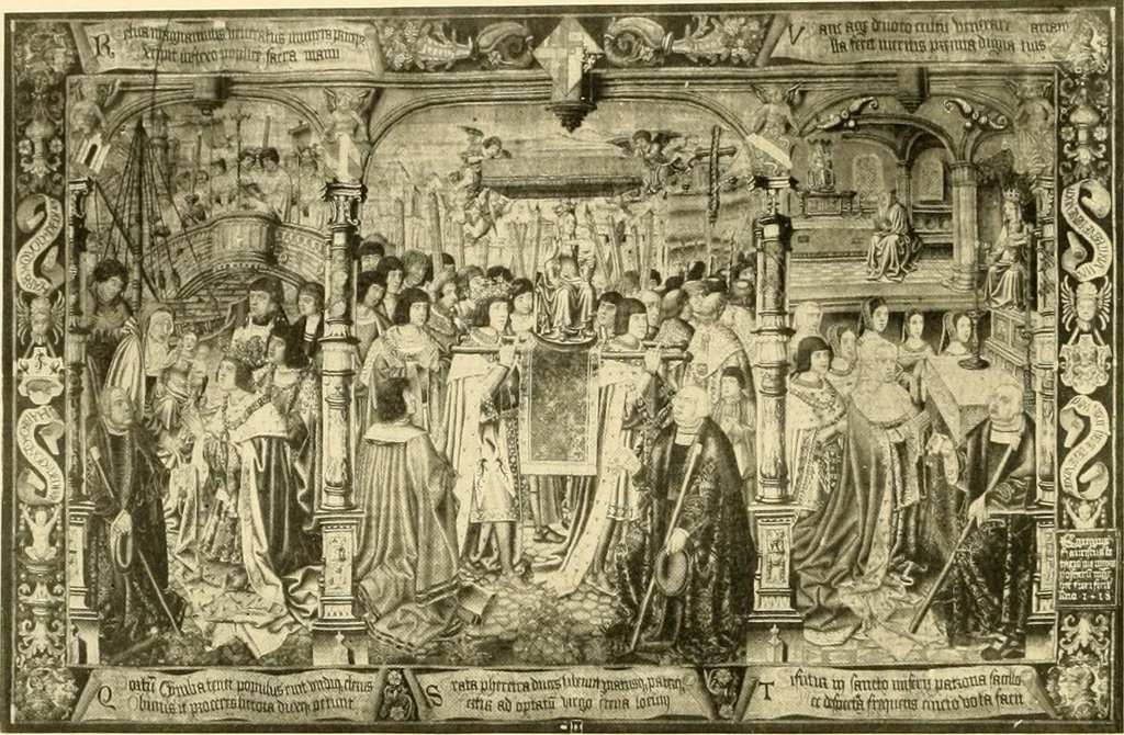 An illustration from Decorative textiles; an illustrated book on coverings for furniture, walls and floors, including damasks, brocades and velvets, tapestries, laces, embroideries, chintzes, cretones, drapery and furniture trimmings, wall papers, carpets and rugs, tooled and illuminated leathers, 1918, leaf 307