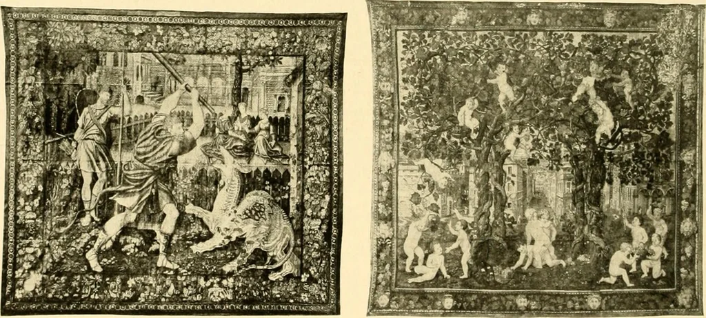 An illustration from Decorative textiles; an illustrated book on coverings for furniture, walls and floors, including damasks, brocades and velvets, tapestries, laces, embroideries, chintzes, cretones, drapery and furniture trimmings, wall papers, carpets and rugs, tooled and illuminated leathers, 1918, leaf 309
