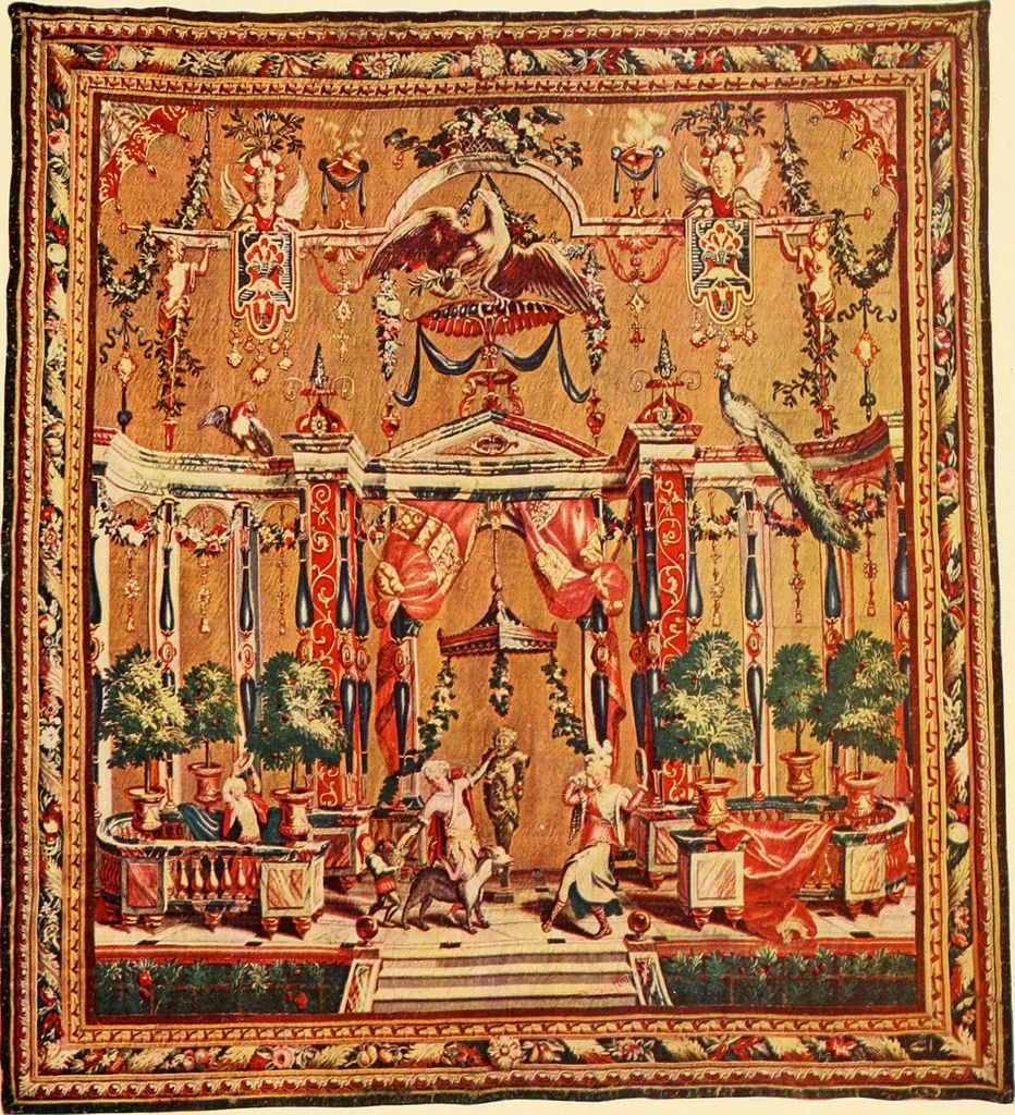 An illustration from Decorative textiles; an illustrated book on coverings for furniture, walls and floors, including damasks, brocades and velvets, tapestries, laces, embroideries, chintzes, cretones, drapery and furniture trimmings, wall papers, carpets and rugs, tooled and illuminated leathers, 1918, leaf 314