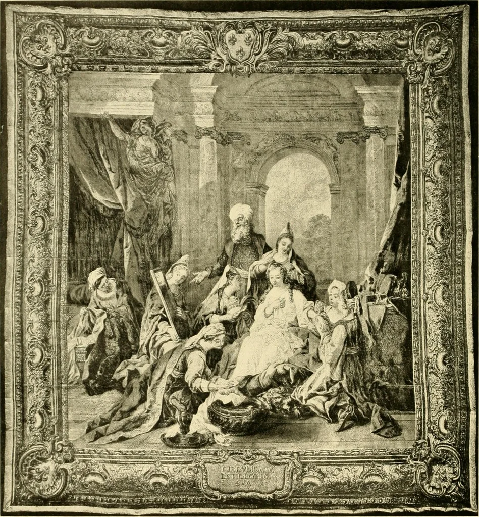 An illustration from Decorative textiles; an illustrated book on coverings for furniture, walls and floors, including damasks, brocades and velvets, tapestries, laces, embroideries, chintzes, cretones, drapery and furniture trimmings, wall papers, carpets and rugs, tooled and illuminated leathers, 1918, leaf 323