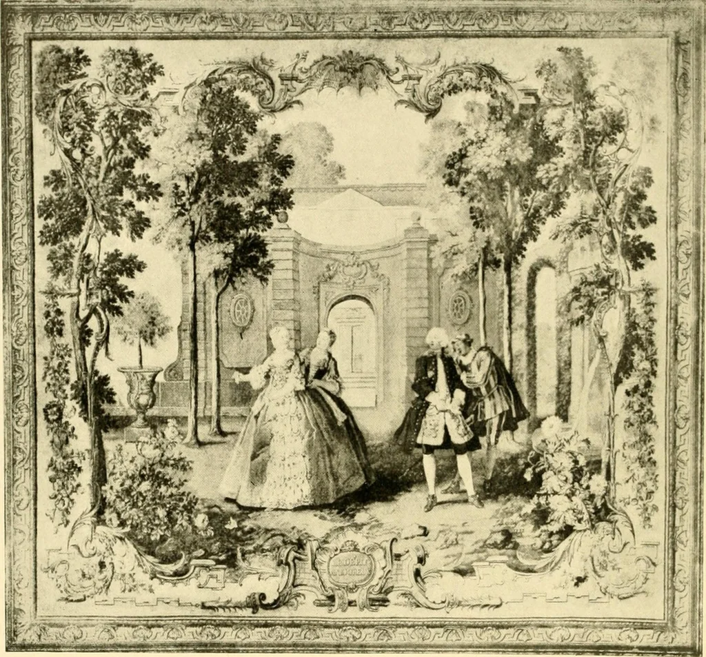 An illustration from Decorative textiles; an illustrated book on coverings for furniture, walls and floors, including damasks, brocades and velvets, tapestries, laces, embroideries, chintzes, cretones, drapery and furniture trimmings, wall papers, carpets and rugs, tooled and illuminated leathers, 1918, leaf 327