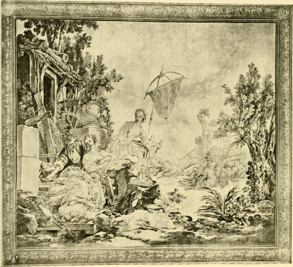 An illustration from Decorative textiles; an illustrated book on coverings for furniture, walls and floors, including damasks, brocades and velvets, tapestries, laces, embroideries, chintzes, cretones, drapery and furniture trimmings, wall papers, carpets and rugs, tooled and illuminated leathers, 1918, leaf 329