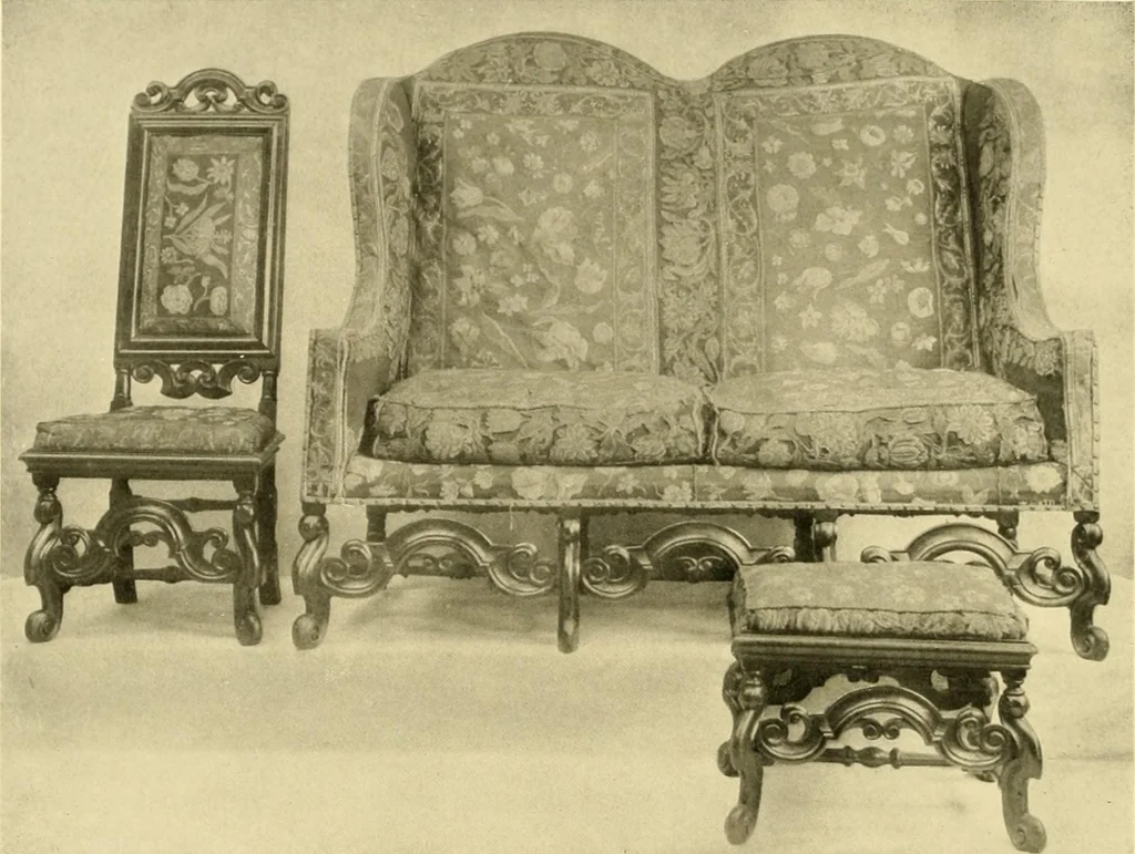 An illustration from Decorative textiles; an illustrated book on coverings for furniture, walls and floors, including damasks, brocades and velvets, tapestries, laces, embroideries, chintzes, cretones, drapery and furniture trimmings, wall papers, carpets and rugs, tooled and illuminated leathers, 1918, leaf 341