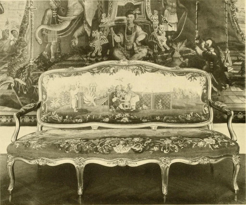An illustration from Decorative textiles; an illustrated book on coverings for furniture, walls and floors, including damasks, brocades and velvets, tapestries, laces, embroideries, chintzes, cretones, drapery and furniture trimmings, wall papers, carpets and rugs, tooled and illuminated leathers, 1918, leaf 343