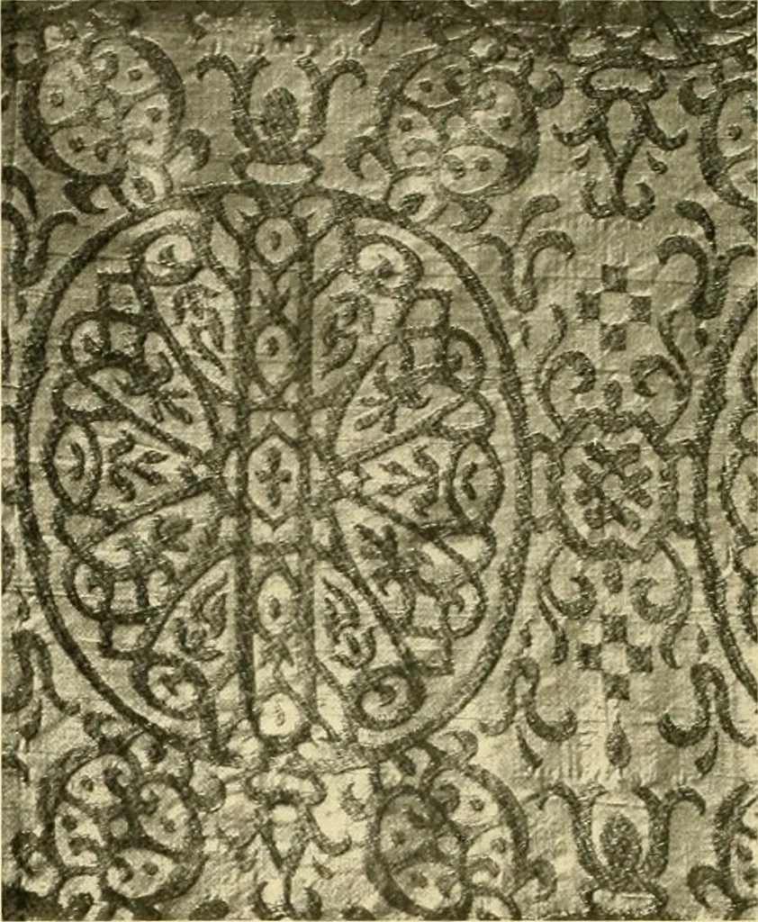 An illustration from Decorative textiles; an illustrated book on coverings for furniture, walls and floors, including damasks, brocades and velvets, tapestries, laces, embroideries, chintzes, cretones, drapery and furniture trimmings, wall papers, carpets and rugs, tooled and illuminated leathers, 1918, leaf 35