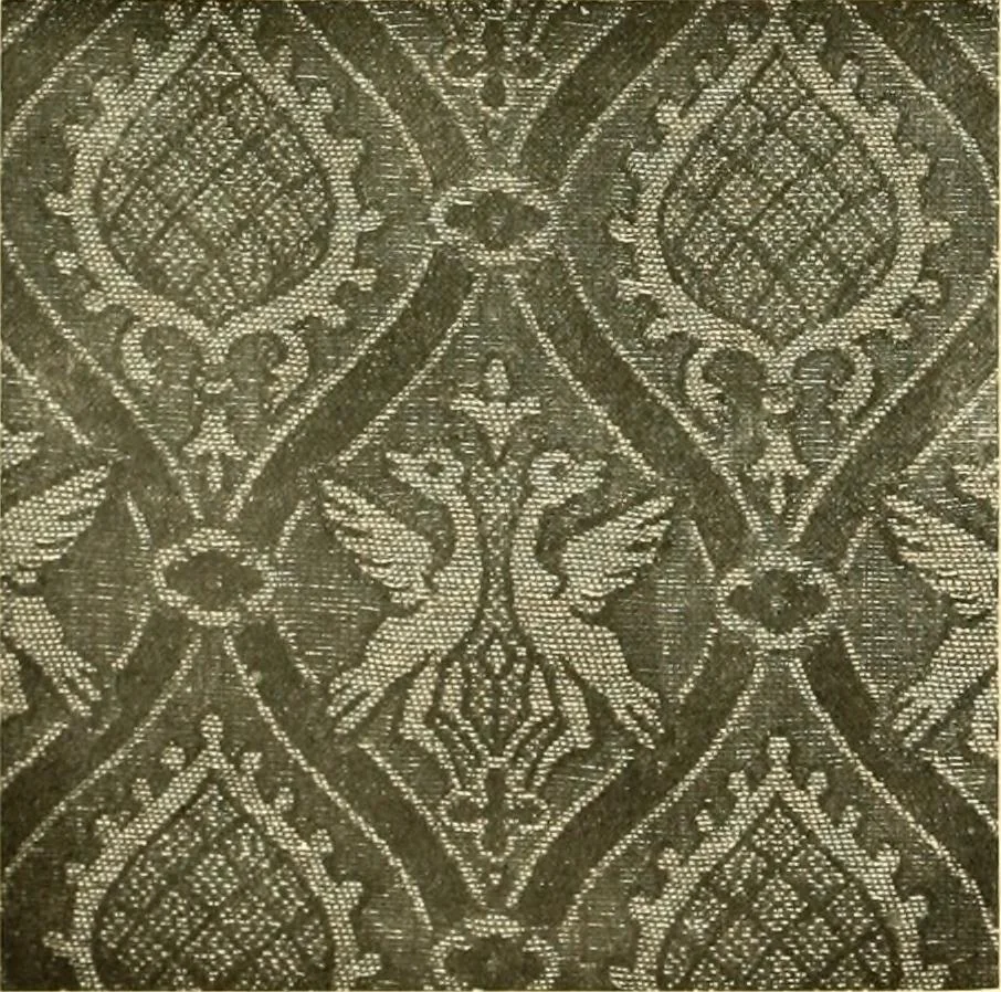 An illustration from Decorative textiles; an illustrated book on coverings for furniture, walls and floors, including damasks, brocades and velvets, tapestries, laces, embroideries, chintzes, cretones, drapery and furniture trimmings, wall papers, carpets and rugs, tooled and illuminated leathers, 1918, leaf 35