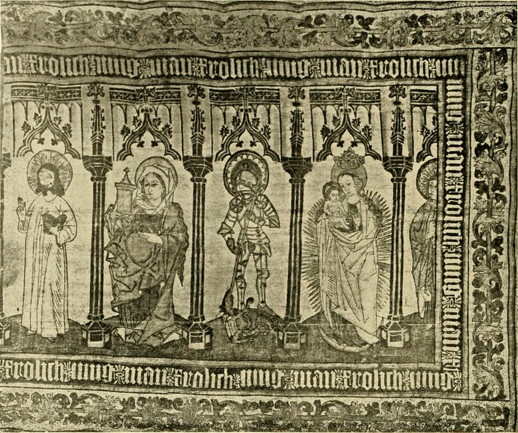 An illustration from Decorative textiles; an illustrated book on coverings for furniture, walls and floors, including damasks, brocades and velvets, tapestries, laces, embroideries, chintzes, cretones, drapery and furniture trimmings, wall papers, carpets and rugs, tooled and illuminated leathers, 1918, leaf 355