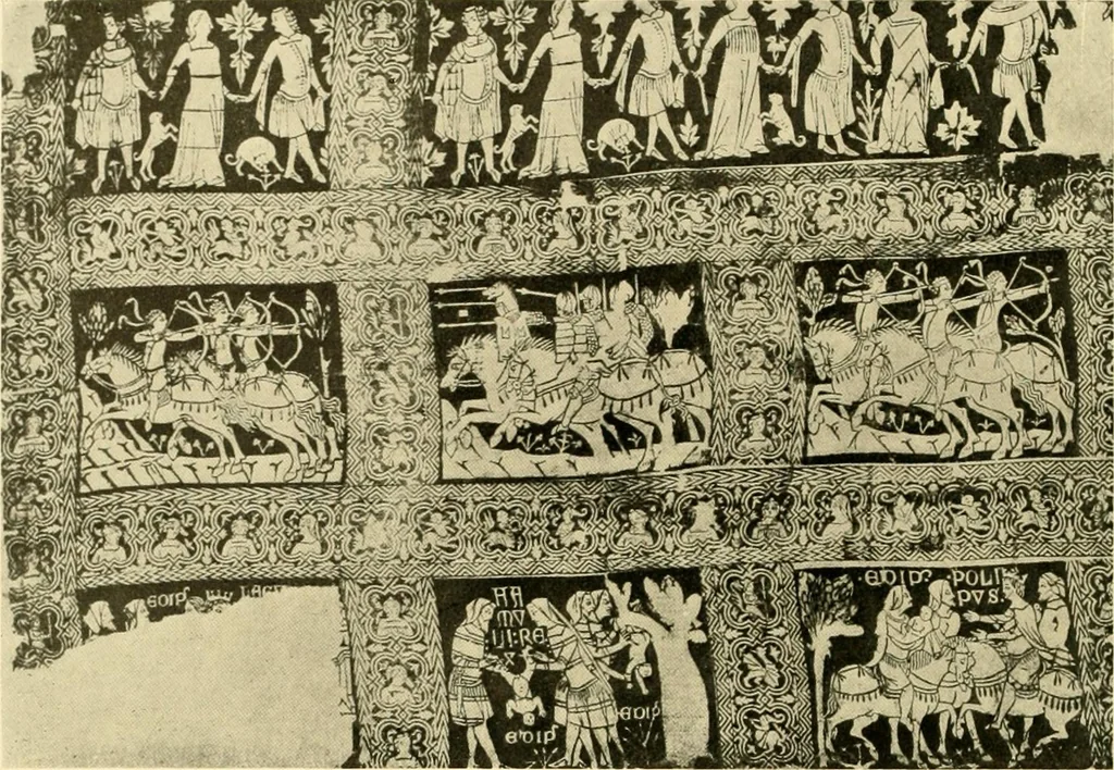 An illustration from Decorative textiles; an illustrated book on coverings for furniture, walls and floors, including damasks, brocades and velvets, tapestries, laces, embroideries, chintzes, cretones, drapery and furniture trimmings, wall papers, carpets and rugs, tooled and illuminated leathers, 1918, leaf 357