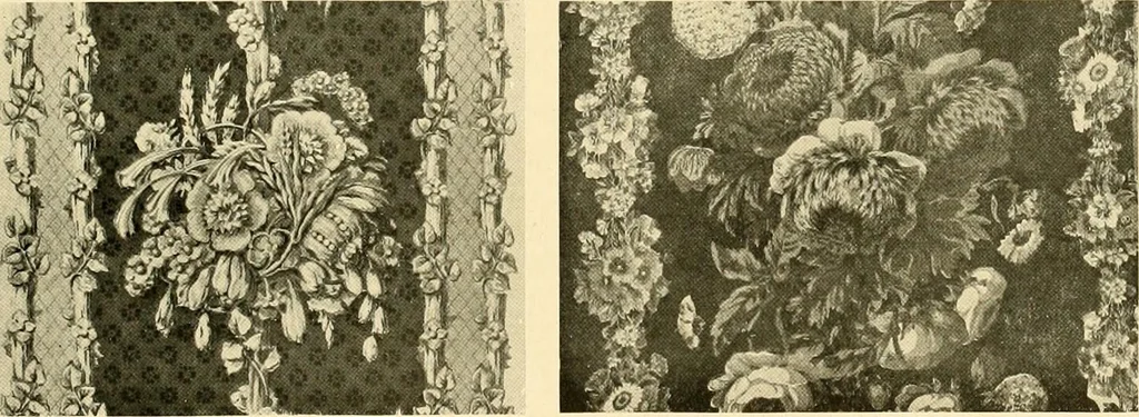 An illustration from Decorative textiles; an illustrated book on coverings for furniture, walls and floors, including damasks, brocades and velvets, tapestries, laces, embroideries, chintzes, cretones, drapery and furniture trimmings, wall papers, carpets and rugs, tooled and illuminated leathers, 1918, leaf 378