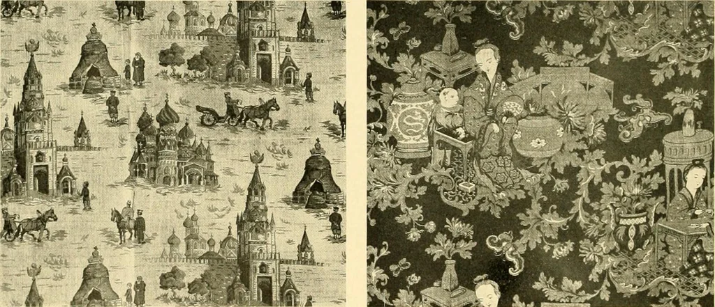 An illustration from Decorative textiles; an illustrated book on coverings for furniture, walls and floors, including damasks, brocades and velvets, tapestries, laces, embroideries, chintzes, cretones, drapery and furniture trimmings, wall papers, carpets and rugs, tooled and illuminated leathers, 1918, leaf 383