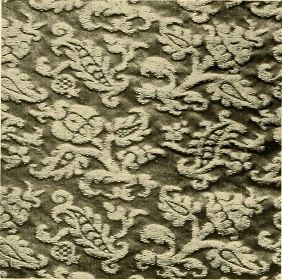 An illustration from Decorative textiles; an illustrated book on coverings for furniture, walls and floors, including damasks, brocades and velvets, tapestries, laces, embroideries, chintzes, cretones, drapery and furniture trimmings, wall papers, carpets and rugs, tooled and illuminated leathers, 1918, leaf 39