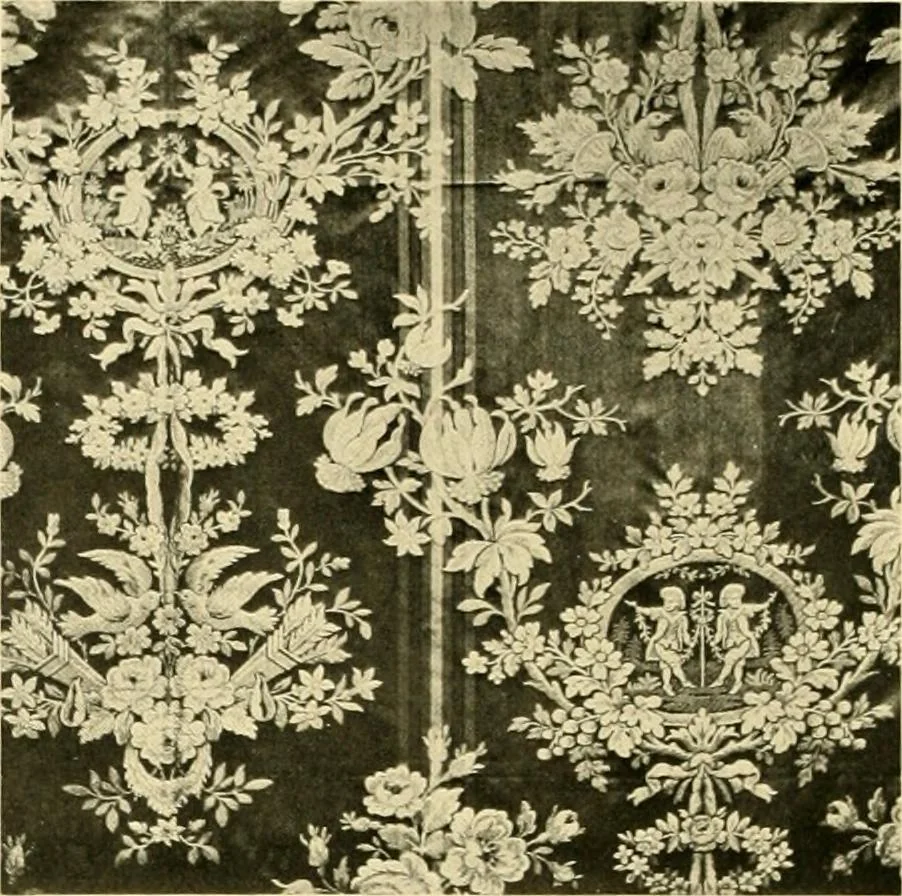 An illustration from Decorative textiles; an illustrated book on coverings for furniture, walls and floors, including damasks, brocades and velvets, tapestries, laces, embroideries, chintzes, cretones, drapery and furniture trimmings, wall papers, carpets and rugs, tooled and illuminated leathers, 1918, leaf 39