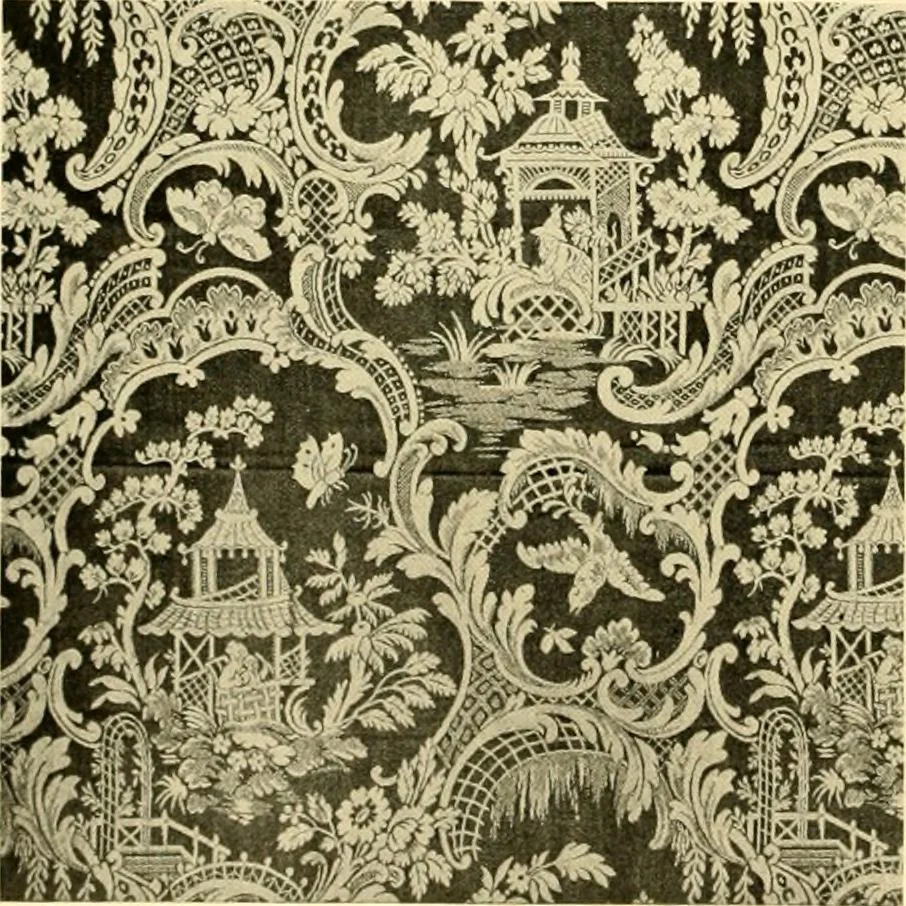 An illustration from Decorative textiles; an illustrated book on coverings for furniture, walls and floors, including damasks, brocades and velvets, tapestries, laces, embroideries, chintzes, cretones, drapery and furniture trimmings, wall papers, carpets and rugs, tooled and illuminated leathers, 1918, leaf 39