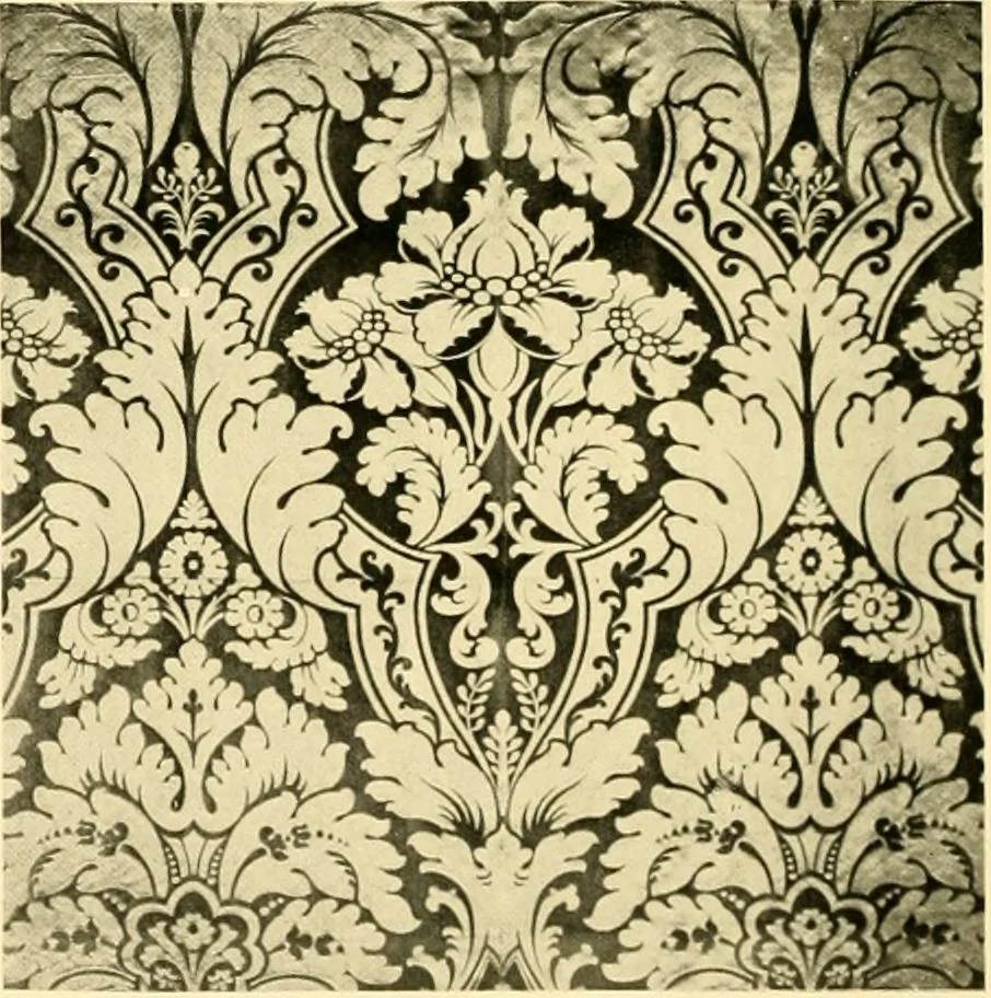 An illustration from Decorative textiles; an illustrated book on coverings for furniture, walls and floors, including damasks, brocades and velvets, tapestries, laces, embroideries, chintzes, cretones, drapery and furniture trimmings, wall papers, carpets and rugs, tooled and illuminated leathers, 1918, leaf 39