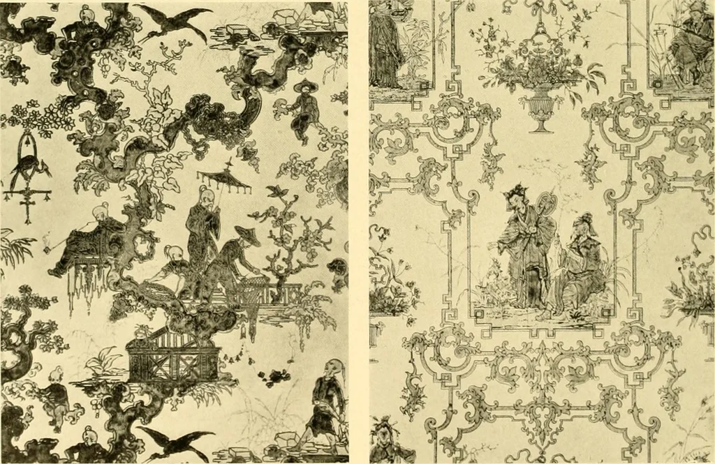 An illustration from Decorative textiles; an illustrated book on coverings for furniture, walls and floors, including damasks, brocades and velvets, tapestries, laces, embroideries, chintzes, cretones, drapery and furniture trimmings, wall papers, carpets and rugs, tooled and illuminated leathers, 1918, leaf 397