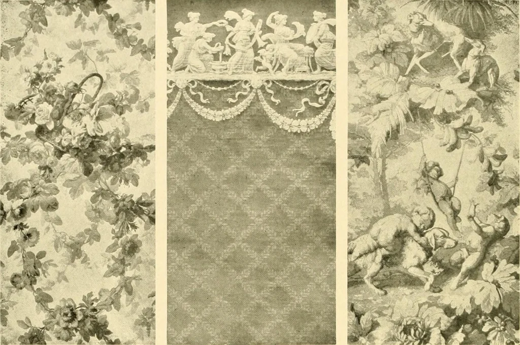 An illustration from Decorative textiles; an illustrated book on coverings for furniture, walls and floors, including damasks, brocades and velvets, tapestries, laces, embroideries, chintzes, cretones, drapery and furniture trimmings, wall papers, carpets and rugs, tooled and illuminated leathers, 1918, leaf 401