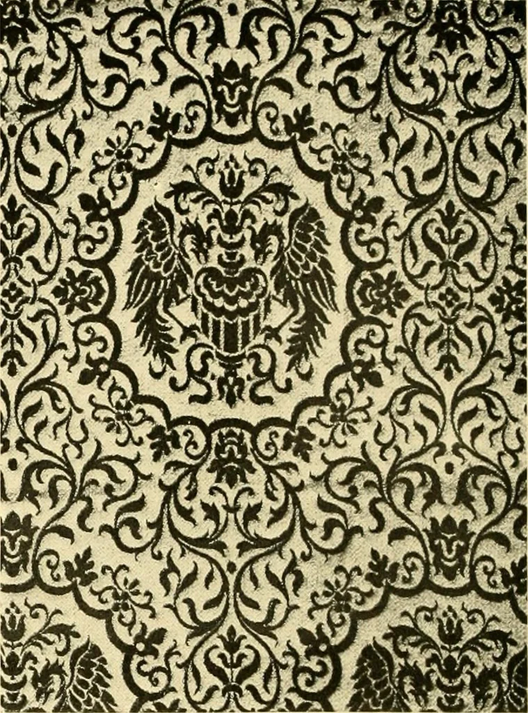 An illustration from Decorative textiles; an illustrated book on coverings for furniture, walls and floors, including damasks, brocades and velvets, tapestries, laces, embroideries, chintzes, cretones, drapery and furniture trimmings, wall papers, carpets and rugs, tooled and illuminated leathers, 1918, leaf 41