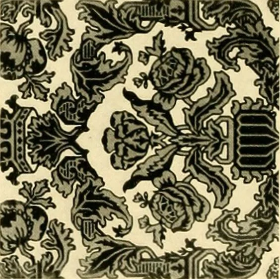 An illustration from Decorative textiles; an illustrated book on coverings for furniture, walls and floors, including damasks, brocades and velvets, tapestries, laces, embroideries, chintzes, cretones, drapery and furniture trimmings, wall papers, carpets and rugs, tooled and illuminated leathers, 1918, leaf 417