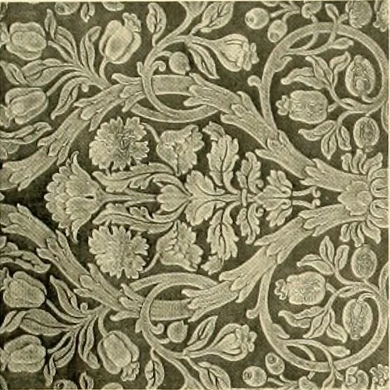An illustration from Decorative textiles; an illustrated book on coverings for furniture, walls and floors, including damasks, brocades and velvets, tapestries, laces, embroideries, chintzes, cretones, drapery and furniture trimmings, wall papers, carpets and rugs, tooled and illuminated leathers, 1918, leaf 418