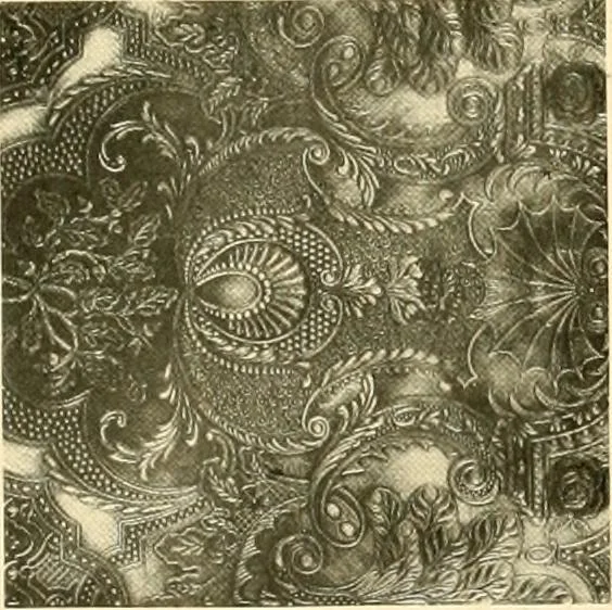 An illustration from Decorative textiles; an illustrated book on coverings for furniture, walls and floors, including damasks, brocades and velvets, tapestries, laces, embroideries, chintzes, cretones, drapery and furniture trimmings, wall papers, carpets and rugs, tooled and illuminated leathers, 1918, leaf 418