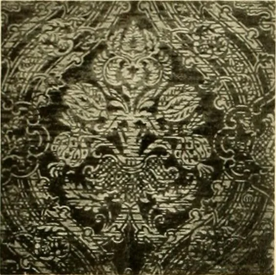 An illustration from Decorative textiles; an illustrated book on coverings for furniture, walls and floors, including damasks, brocades and velvets, tapestries, laces, embroideries, chintzes, cretones, drapery and furniture trimmings, wall papers, carpets and rugs, tooled and illuminated leathers, 1918, leaf 419