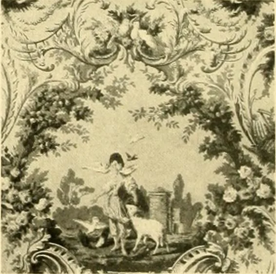 An illustration from Decorative textiles; an illustrated book on coverings for furniture, walls and floors, including damasks, brocades and velvets, tapestries, laces, embroideries, chintzes, cretones, drapery and furniture trimmings, wall papers, carpets and rugs, tooled and illuminated leathers, 1918, leaf 419