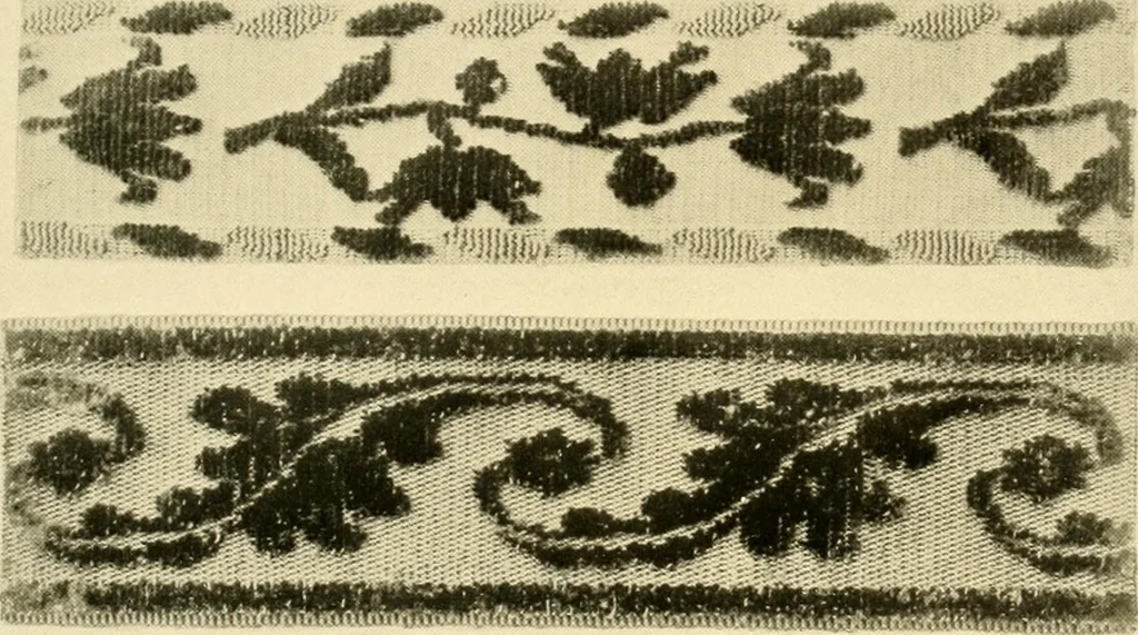 An illustration from Decorative textiles; an illustrated book on coverings for furniture, walls and floors, including damasks, brocades and velvets, tapestries, laces, embroideries, chintzes, cretones, drapery and furniture trimmings, wall papers, carpets and rugs, tooled and illuminated leathers, 1918, leaf 428