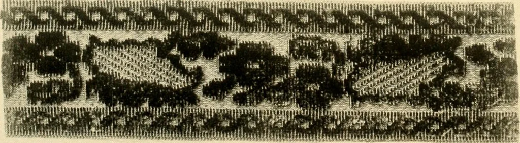 An illustration from Decorative textiles; an illustrated book on coverings for furniture, walls and floors, including damasks, brocades and velvets, tapestries, laces, embroideries, chintzes, cretones, drapery and furniture trimmings, wall papers, carpets and rugs, tooled and illuminated leathers, 1918, leaf 428