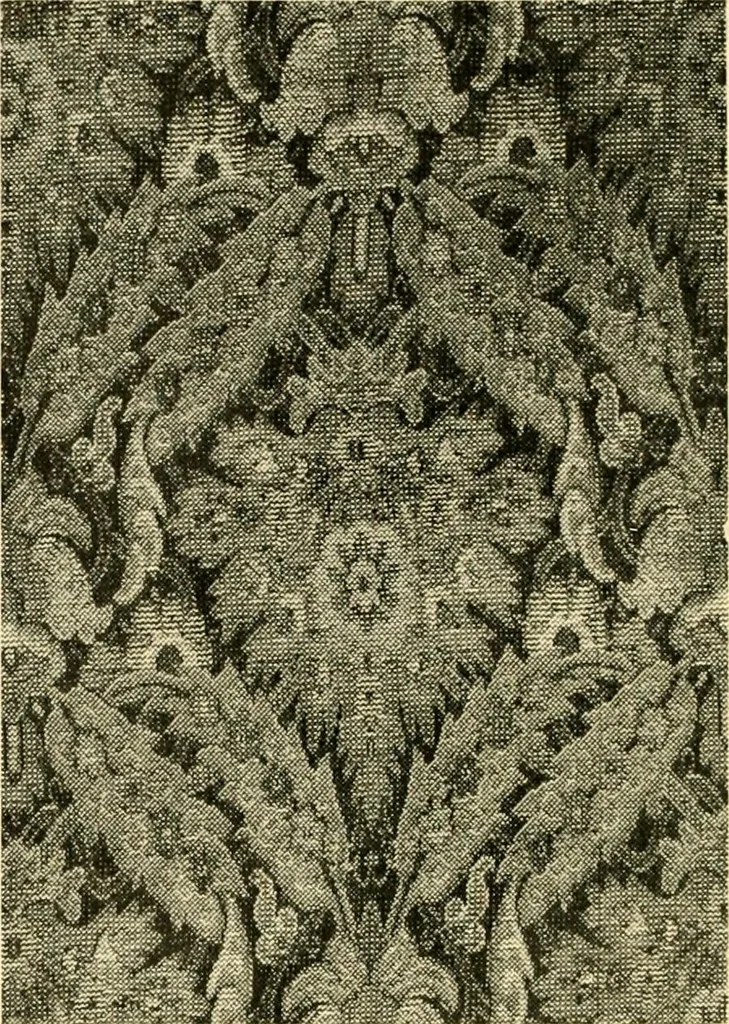 An illustration from Decorative textiles; an illustrated book on coverings for furniture, walls and floors, including damasks, brocades and velvets, tapestries, laces, embroideries, chintzes, cretones, drapery and furniture trimmings, wall papers, carpets and rugs, tooled and illuminated leathers, 1918, leaf 43