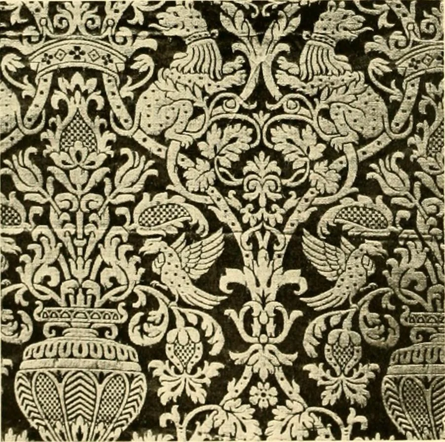 An illustration from Decorative textiles; an illustrated book on coverings for furniture, walls and floors, including damasks, brocades and velvets, tapestries, laces, embroideries, chintzes, cretones, drapery and furniture trimmings, wall papers, carpets and rugs, tooled and illuminated leathers, 1918, leaf 43