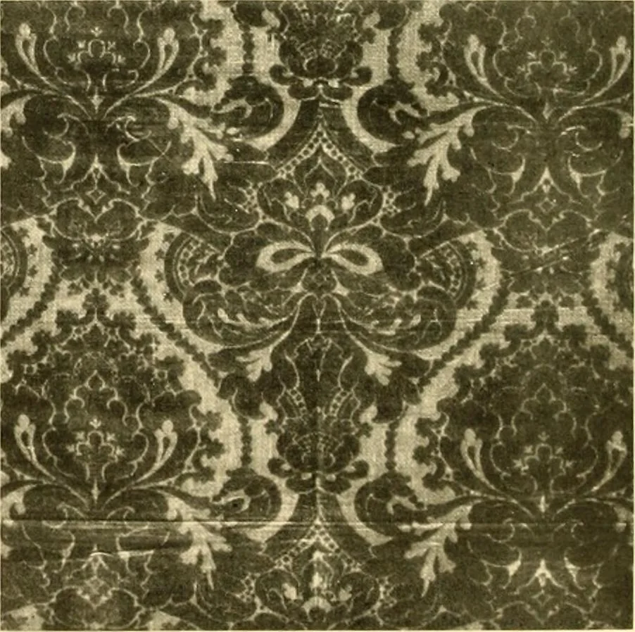 An illustration from Decorative textiles; an illustrated book on coverings for furniture, walls and floors, including damasks, brocades and velvets, tapestries, laces, embroideries, chintzes, cretones, drapery and furniture trimmings, wall papers, carpets and rugs, tooled and illuminated leathers, 1918, leaf 43