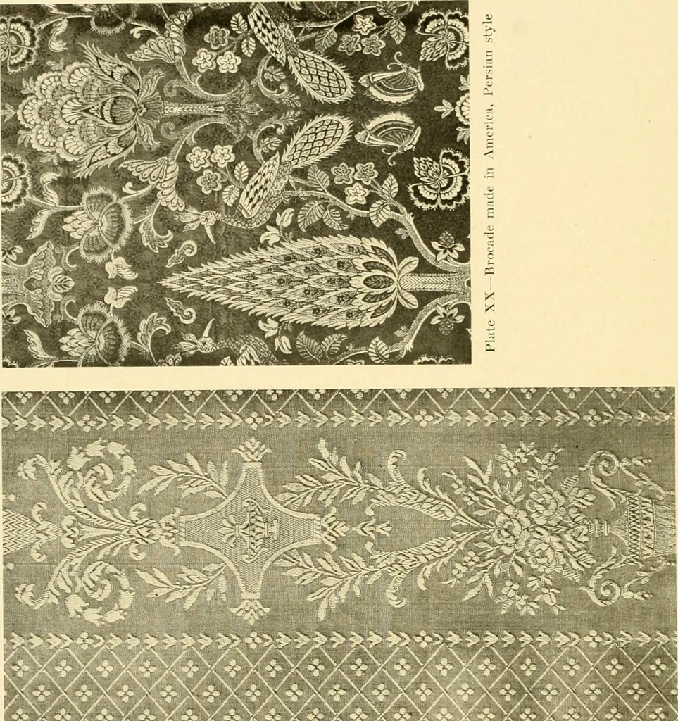 An illustration from Decorative textiles; an illustrated book on coverings for furniture, walls and floors, including damasks, brocades and velvets, tapestries, laces, embroideries, chintzes, cretones, drapery and furniture trimmings, wall papers, carpets and rugs, tooled and illuminated leathers, 1918, leaf 45
