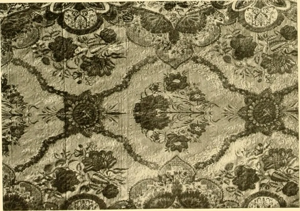 An illustration from Decorative textiles; an illustrated book on coverings for furniture, walls and floors, including damasks, brocades and velvets, tapestries, laces, embroideries, chintzes, cretones, drapery and furniture trimmings, wall papers, carpets and rugs, tooled and illuminated leathers, 1918, leaf 45