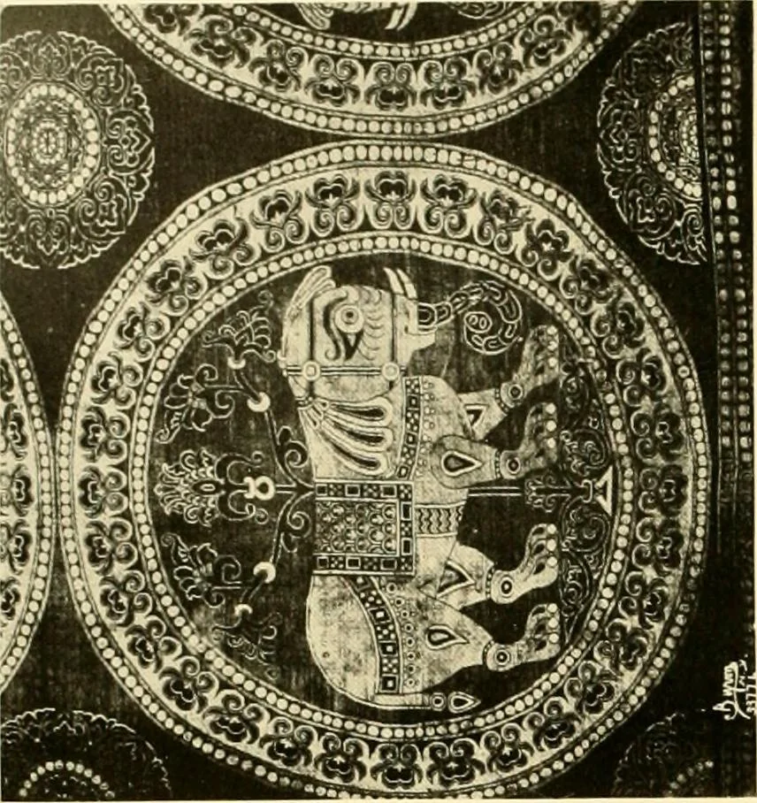 An illustration from Decorative textiles; an illustrated book on coverings for furniture, walls and floors, including damasks, brocades and velvets, tapestries, laces, embroideries, chintzes, cretones, drapery and furniture trimmings, wall papers, carpets and rugs, tooled and illuminated leathers, 1918, leaf 53