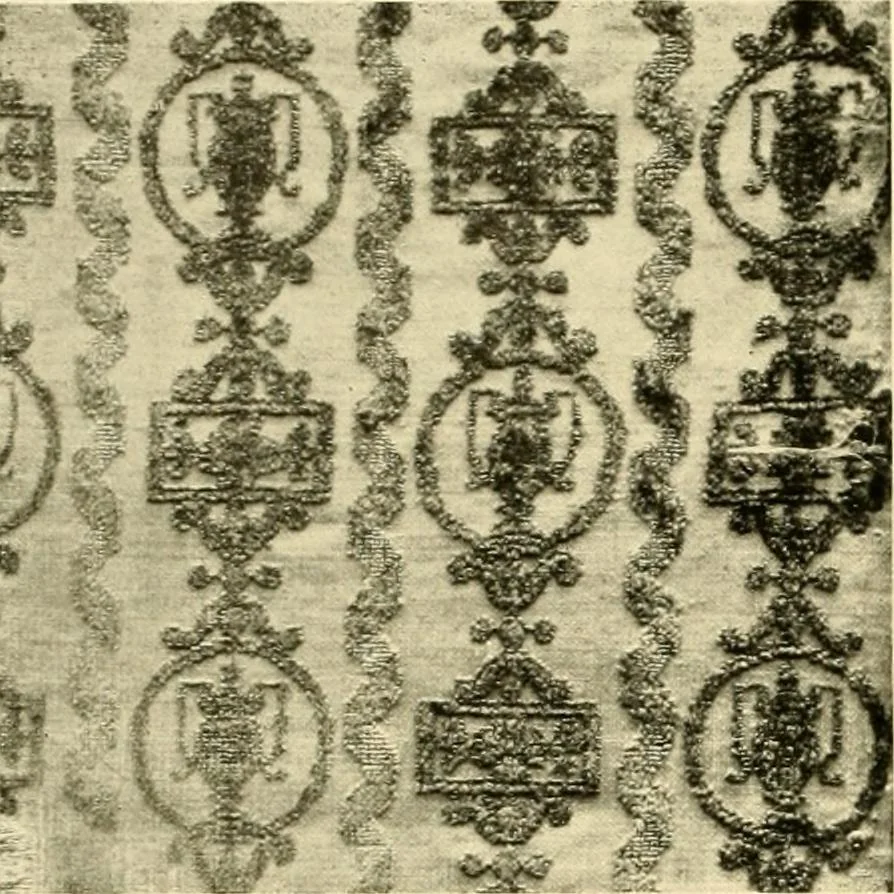 An illustration from Decorative textiles; an illustrated book on coverings for furniture, walls and floors, including damasks, brocades and velvets, tapestries, laces, embroideries, chintzes, cretones, drapery and furniture trimmings, wall papers, carpets and rugs, tooled and illuminated leathers, 1918, leaf 57