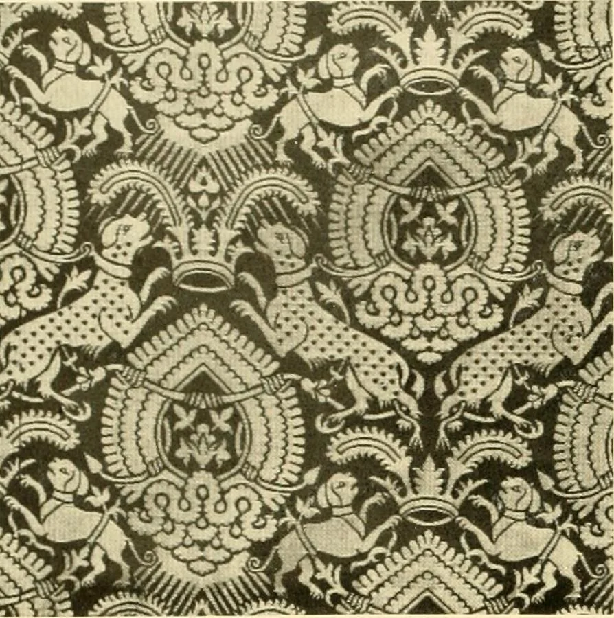 An illustration from Decorative textiles; an illustrated book on coverings for furniture, walls and floors, including damasks, brocades and velvets, tapestries, laces, embroideries, chintzes, cretones, drapery and furniture trimmings, wall papers, carpets and rugs, tooled and illuminated leathers, 1918, leaf 63