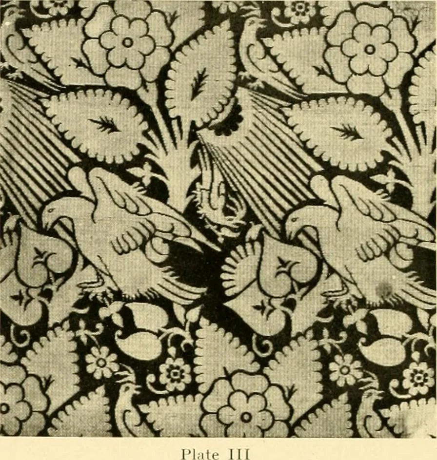 An illustration from Decorative textiles; an illustrated book on coverings for furniture, walls and floors, including damasks, brocades and velvets, tapestries, laces, embroideries, chintzes, cretones, drapery and furniture trimmings, wall papers, carpets and rugs, tooled and illuminated leathers, 1918, leaf 63